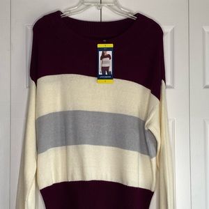 Women's Lucky Brand Sweater Burgandy White Gray Stripe Long Sleeve Sz Small NWT